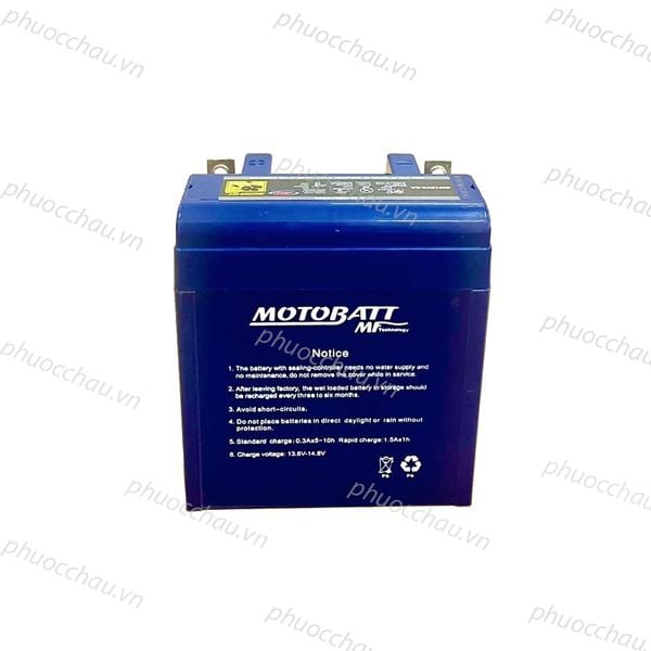 Ắc quy MOTOBATT SW12V3 12V 3AH mặt sau vỏ xanh in hướng dẫn sạc và ký hiệu tái chế