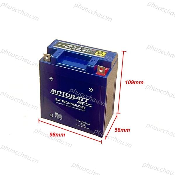 Ắc quy MOTOBATT SW12V3 12V 3AH vỏ xanh nghiêng phải kèm số đo 98mm x 56mm x 109mm cho NSR 150, RG110