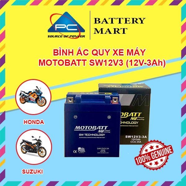 Ắc quy MOTOBATT SW12V3 12V-3Ah ảnh quảng cáo kèm vỏ hộp cho xe Honda và Suzuki