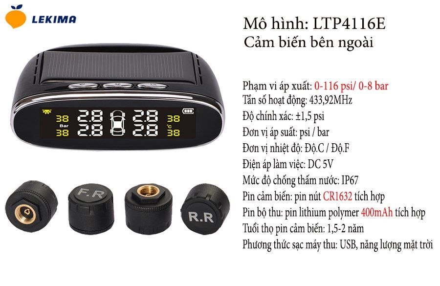 Cảm Biến Áp Suất Lốp Ô Tô LEKIMA LTP4116E, Van Ngoài, Chất Lượng Cao, Mẫu Mới 2022