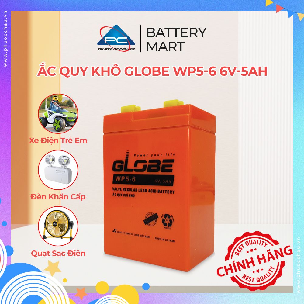 Ắc quy khô GLOBE WP5-6 6V-5AH Bình ắc quy khô 6v cho xe điện trẻ em ,đèn khẩn cấp,quạt sạc