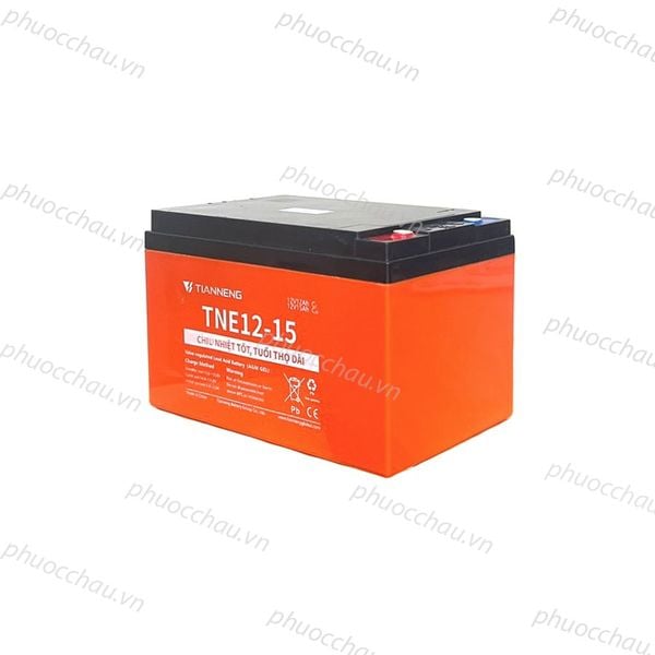 Ắc quy Thiên Năng TNE12-15 12V 15Ah nhìn nghiêng phải, rõ tem chống hàng giả và dòng chữ Chịu Nhiệt Tốt