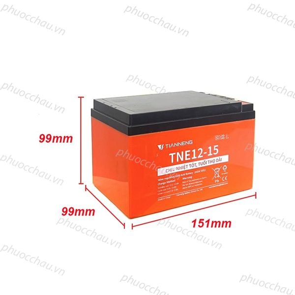 Ắc quy Thiên Năng TNE12-15 12V 15Ah vỏ cam kèm số đo dài 151mm, rộng 98mm, cao 94mm