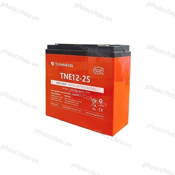 Ắc quy Thiên Năng TIANNENG TNE12-25 12V-25AH góc nghiêng phải, tem cam Deep Cycle và logo High Temp Version