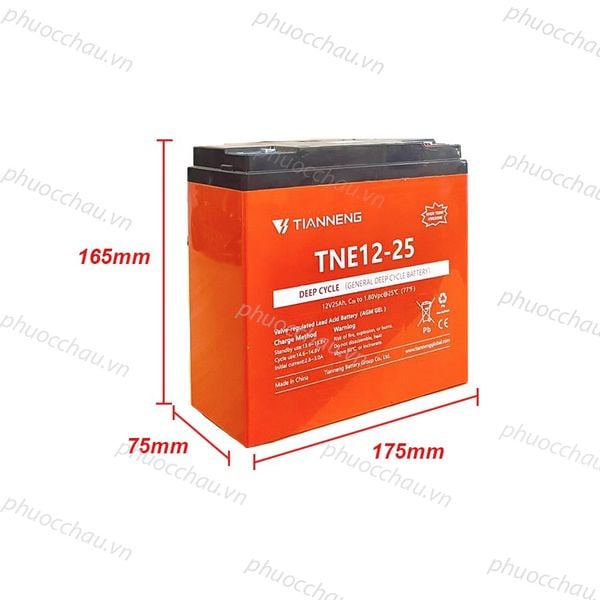 Ắc quy xe máy điện Thiên Năng TIANNENG TNE12-25 12V-25AH bản vẽ kích thước dài 183mm rộng 76mm cao 171mm