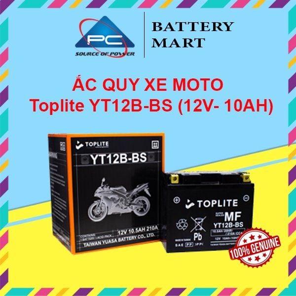 Ắc quy Toplite YT12B-BS 12V 10Ah vỏ hộp và bình ắc quy xe mô tô, tem chính hãng