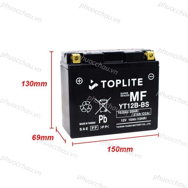 Bình ắc quy Toplite YT12B-BS 12V 10Ah kích thước 150x69x130mm cọc bình đồng, dùng cho xe moto phân khối lớn