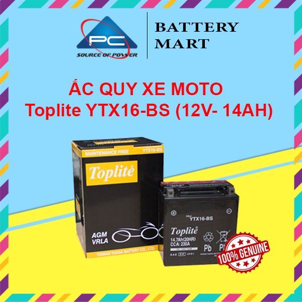 Ắc quy xe moto Toplite YTX16-BS 12V - 14AH, dùng cho Harley Davidson, Ducati, Honda, BMW, Piaggio, Kawasaki,...