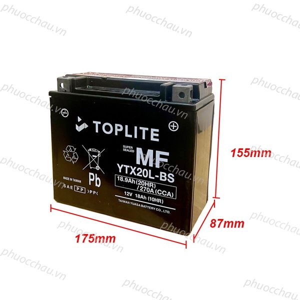 Bình ắc quy Toplite YTX20L-BS 12V 18Ah nhìn nghiêng phải kèm số đo 175mm x 87mm x 155mm