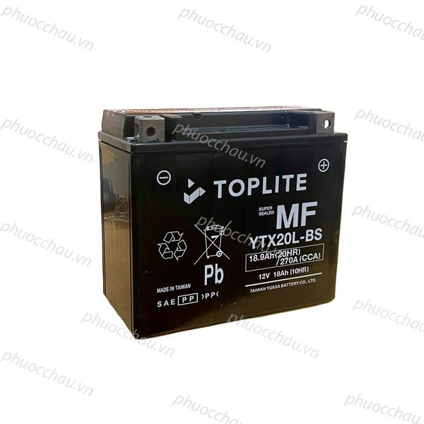 Bình ắc quy Toplite YTX20L-BS 12V 18Ah góc nghiêng trái tem MF 270A và ký hiệu Pb