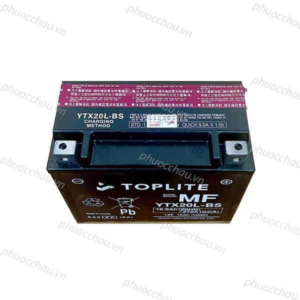 Bình ắc quy Toplite YTX20L-BS 12V 18Ah nhìn từ trên xuống, tem hướng dẫn màu hồng và nắp bình