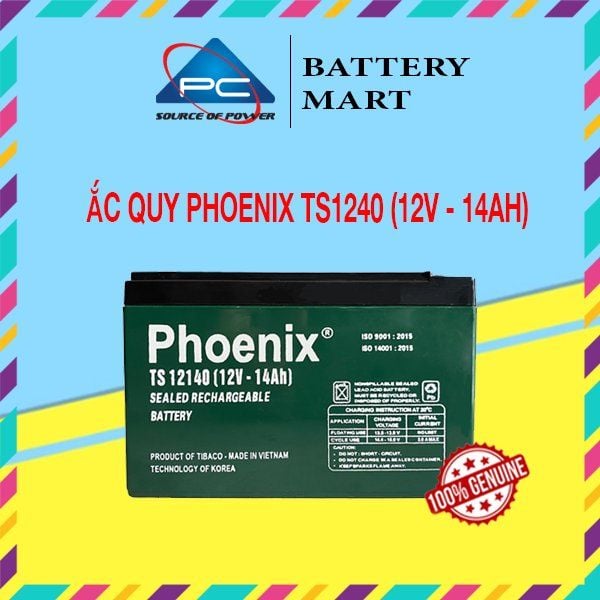 Bình ắc quy khô PHOENIX TS12140 12V-14Ah chính diện, tem nhãn xanh nổi bật, vỏ đen