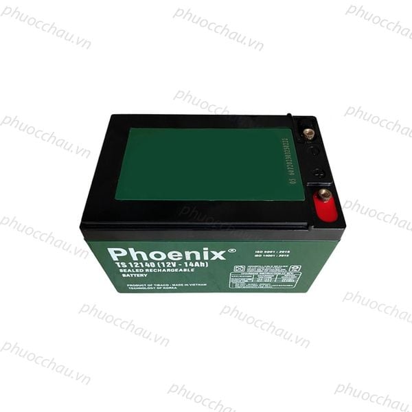 Bình ắc quy khô PHOENIX TS12140 12V-14Ah góc nghiêng trái, tem xanh lá mặt bên và nắp bình đen