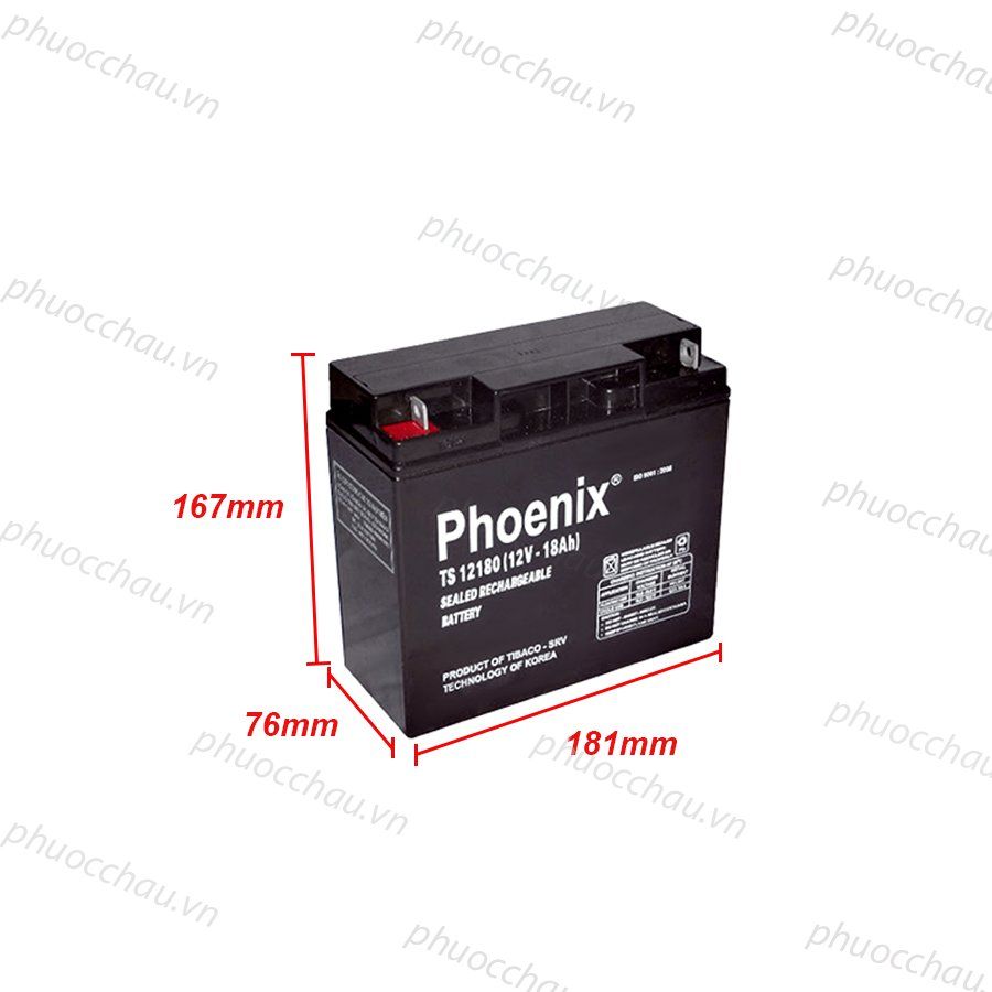 Bình Ắc Quy Khô PHOENIX TS12180 12V-18AH Dùng Cho UPS, Loa Kéo, Bình Phun Thuốc Sâu, Cửa Cuốn