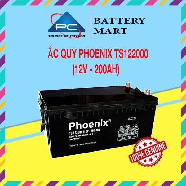Ắc quy Phoenix TS122000 12V-200Ah ảnh quảng cáo sản phẩm, vỏ đen, tem chính hãng, góc nghiêng phải