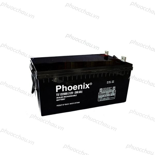 Bình ắc quy khô Phoenix TS122000 12V-200Ah nhìn từ trên xuống, mặt trên nắp bình đen bóng, 2 cọc đồng và tem phụ