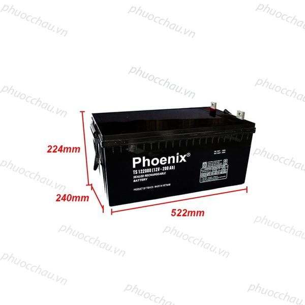 Ắc quy Phoenix TS122000 12V-200Ah bản vẽ kích thước dài 522mm rộng 240mm cao 224mm