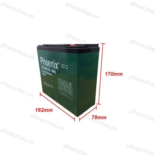 Bình ắc quy khô PHOENIX TS12200 12V-20Ah hình nghiêng phải kèm số đo kích thước 182mm x 78mm x 170mm