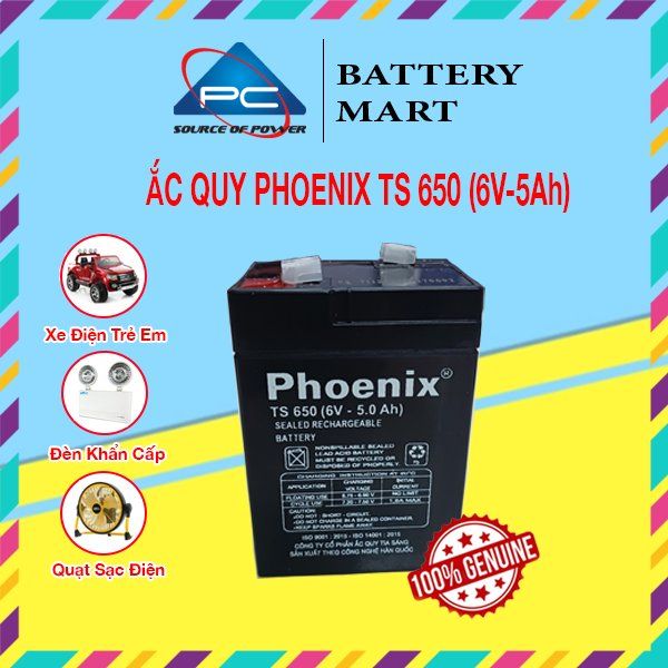 Ắc quy Phoenix TS650 6V-5Ah chính diện, tem 100% Genuine, ứng dụng xe điện trẻ em, đèn khẩn cấp, quạt sạc