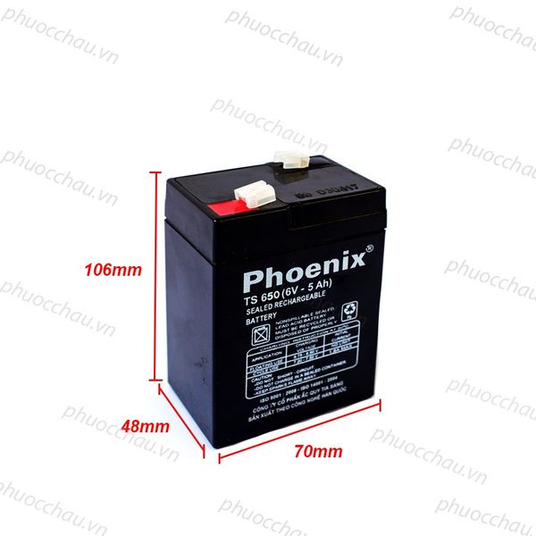 Ắc quy Phoenix TS650 6V-5Ah kích thước 70x48x106mm, vỏ đen, 2 cọc chìa, tem thông số kỹ thuật