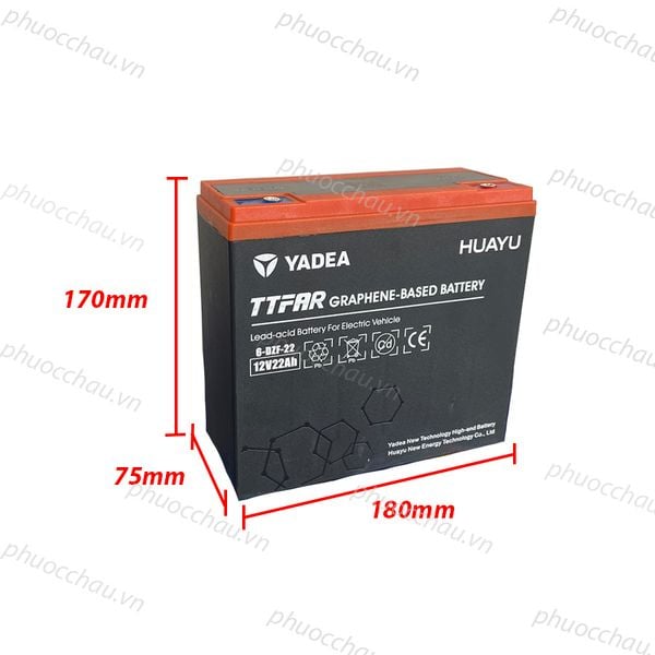 Ắc quy YADEA 6-DZF-22 12V 22Ah TTFAR cho xe điện, hình chiếu nghiêng có số đo 170mm x 180mm x 75mm