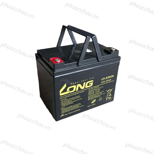 Bình ắc quy LONG U1-33HN 12V 33Ah góc nghiêng trái, nắp đen có logo LONG và tay xách nhựa đen