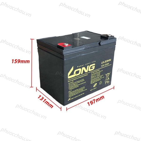 Bình ắc quy LONG U1-33HN 12V 33Ah kích thước 197x131x159mm, vỏ đen tem vàng, 2 cọc