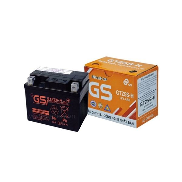 Bình ắc quy khô GS GTZ5S-H 12V 4Ah nghiêng trái kèm vỏ hộp giấy cam GS SEALED MF