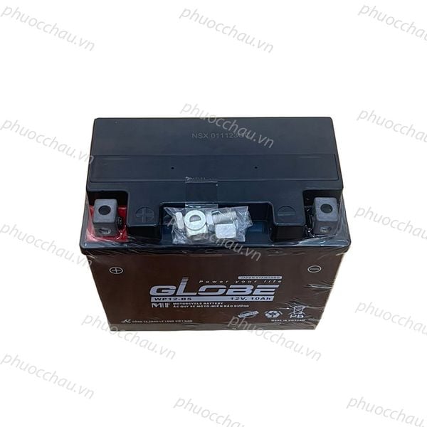 Bình ắc quy khô Globe WP12-BS 12V-10Ah nhìn từ trên xuống, cọc bình 2 cực và phụ kiện ốc vít cho xe Vespa mô tô phân khối lớn