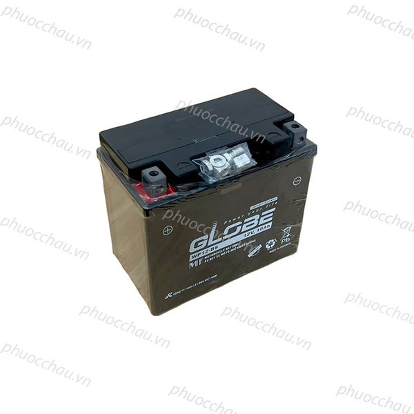 Bình ắc quy khô Globe WP12-BS 12V-10Ah góc nghiêng phải, tem xanh Globe và ký hiệu tái chế Pb cho xe Vespa mô tô phân khối lớn
