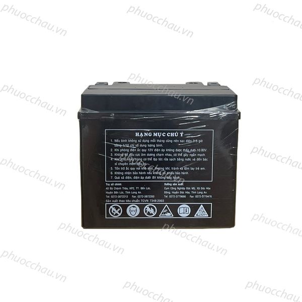 Bình ắc quy khô Globe WP12-BS 12V-10Ah mặt sau có bảng hướng dẫn sử dụng và biểu tượng cảnh báo cho xe Vespa mô tô phân khối lớn