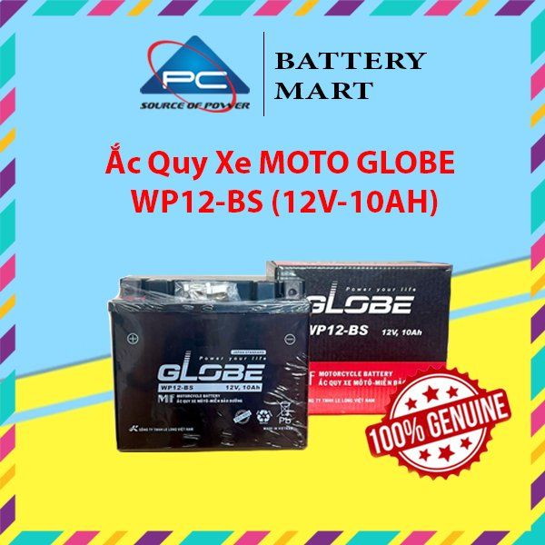 Ắc quy khô Globe WP12-BS 12V-10Ah ảnh quảng cáo sản phẩm, bình và vỏ hộp cho xe Vespa mô tô phân khối lớn