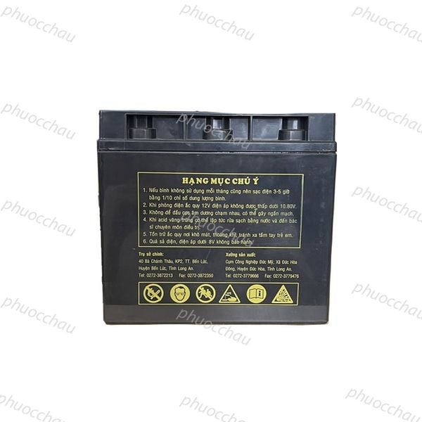 Bình ắc quy khô GLOBE WP20-12IE 12V 20Ah mặt lưng vỏ đen in mục chú ý và 6 ký hiệu cảnh báo an toàn