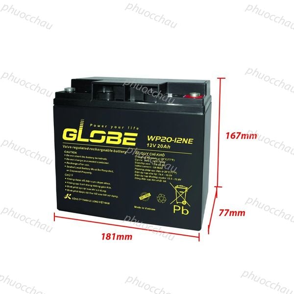 Bình ắc quy khô GLOBE WP20-12NE 12V 20Ah nghiêng phải kèm kích thước 181x77x167mm
