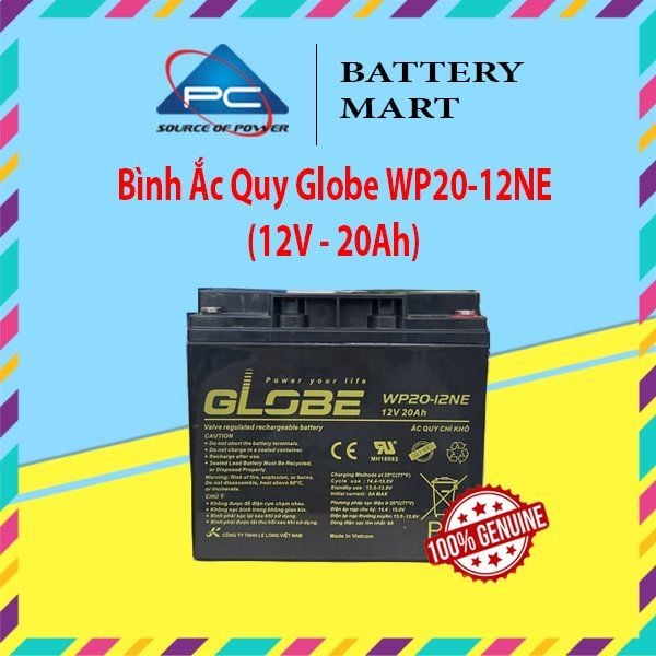 Ắc quy GLOBE WP20-12NE 12V 20Ah ảnh quảng cáo sản phẩm, tem vàng và logo Battery Mart