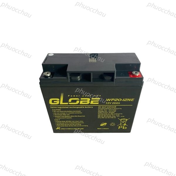 Bình ắc quy khô GLOBE WP20-12NE 12V 20Ah mặt trước tem vàng, logo GLOBE và dòng chữ Power your life