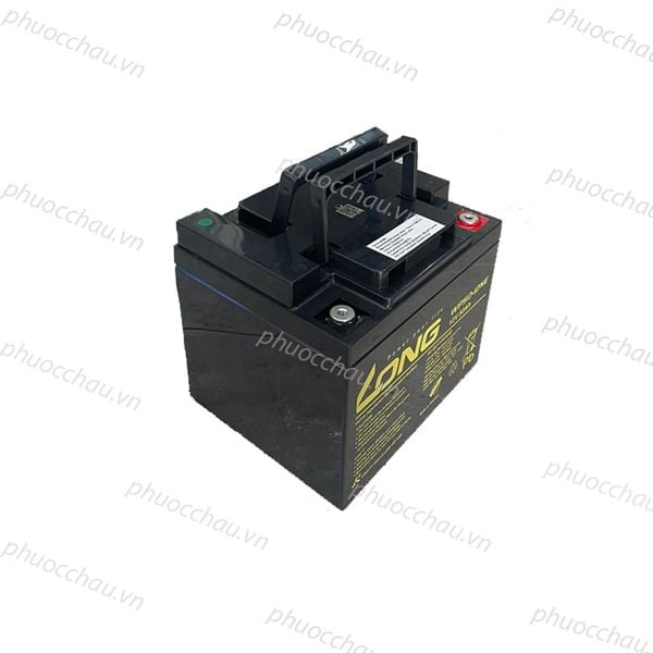 Bình ắc quy LONG WP50-12N 12V 50Ah nhìn từ trên xuống, mặt trên có tay xách và 2 cọc bình