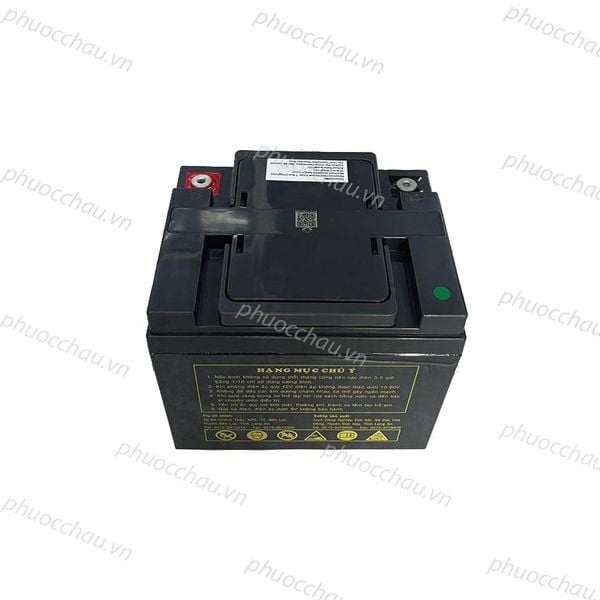 Bình ắc quy LONG WP50-12N 12V 50Ah mặt trước có bảng mục chú an toàn, tem QR và nút tròn xanh
