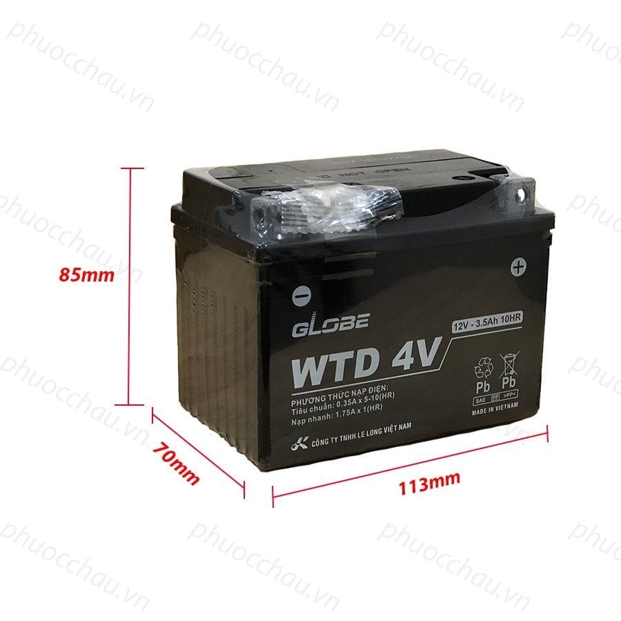 Bình Ắc Quy Khô WTZ5S 12V,4.2Ah / WTD4V 12V3.5Ah hiệu GLOBE Cho Xe WAVE RS100/ WAVE RS 110/ EXCITER 135/ AIRBLADE 110