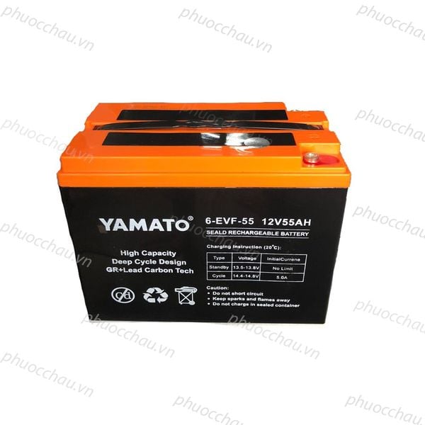 Ắc quy Yamato 6-EVF-55 12V-55AH hai bình xếp chồng, mặt trước tem High Capacity và bảng hướng dẫn sạc