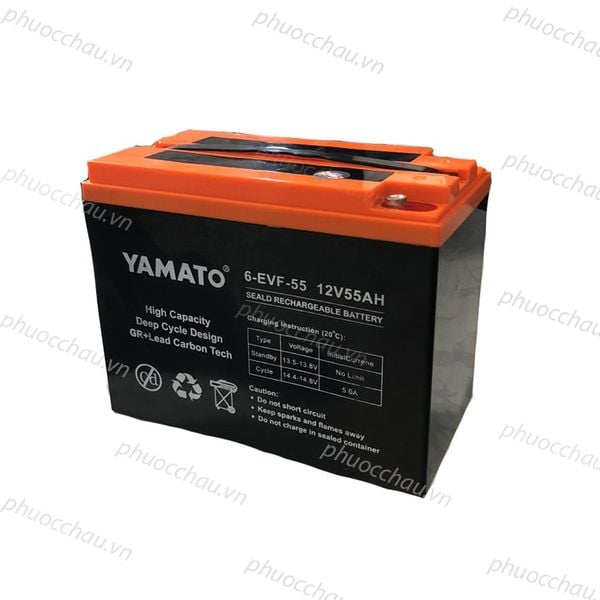 Ắc quy Yamato 6-EVF-55 12V-55AH góc nghiêng phải, tem bảng hướng dẫn sạc và dòng High Capacity