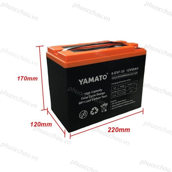Ắc quy Yamato 6-EVF-55 12V-55AH vỏ cam đen góc nghiêng trái kèm số đo 170mm x 120mm x 220mm