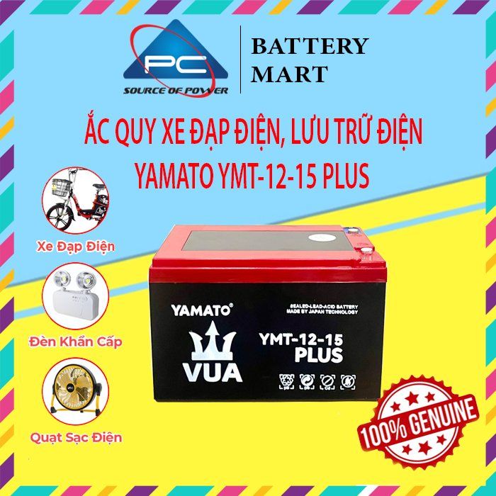 Ắc Quy Xe Đạp Điện YAMATO YMT-12-15 PLUS 12V-15AH, acquy dùng cho Loa Kéo, Năng Lượng Mặt Trời