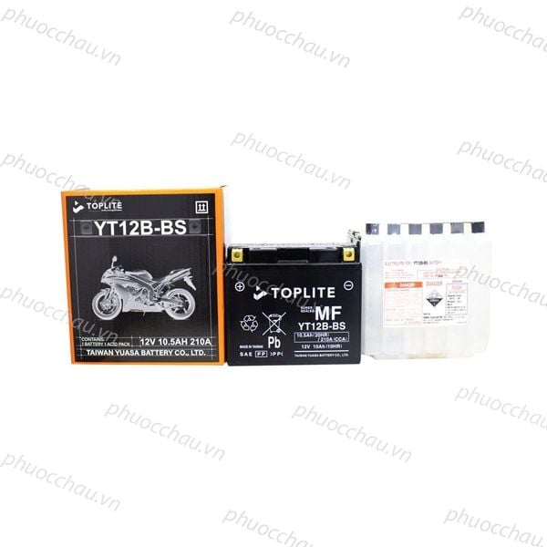 Bình ắc quy Toplite YT12B-BS 12V 10Ah gồm vỏ hộp, thân bình và bình dung dịch axit đi kèm