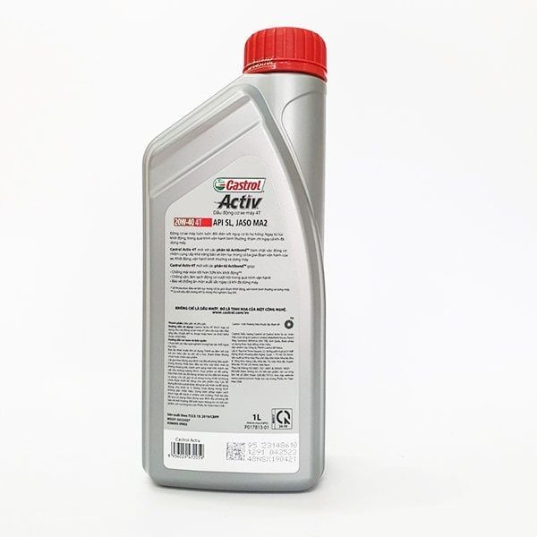 Chai dầu nhớt Castrol Activ 20W-40 4T 1L mặt sau, tem thông số API SL JASO MA2, mã vạch và hướng dẫn sử dụng