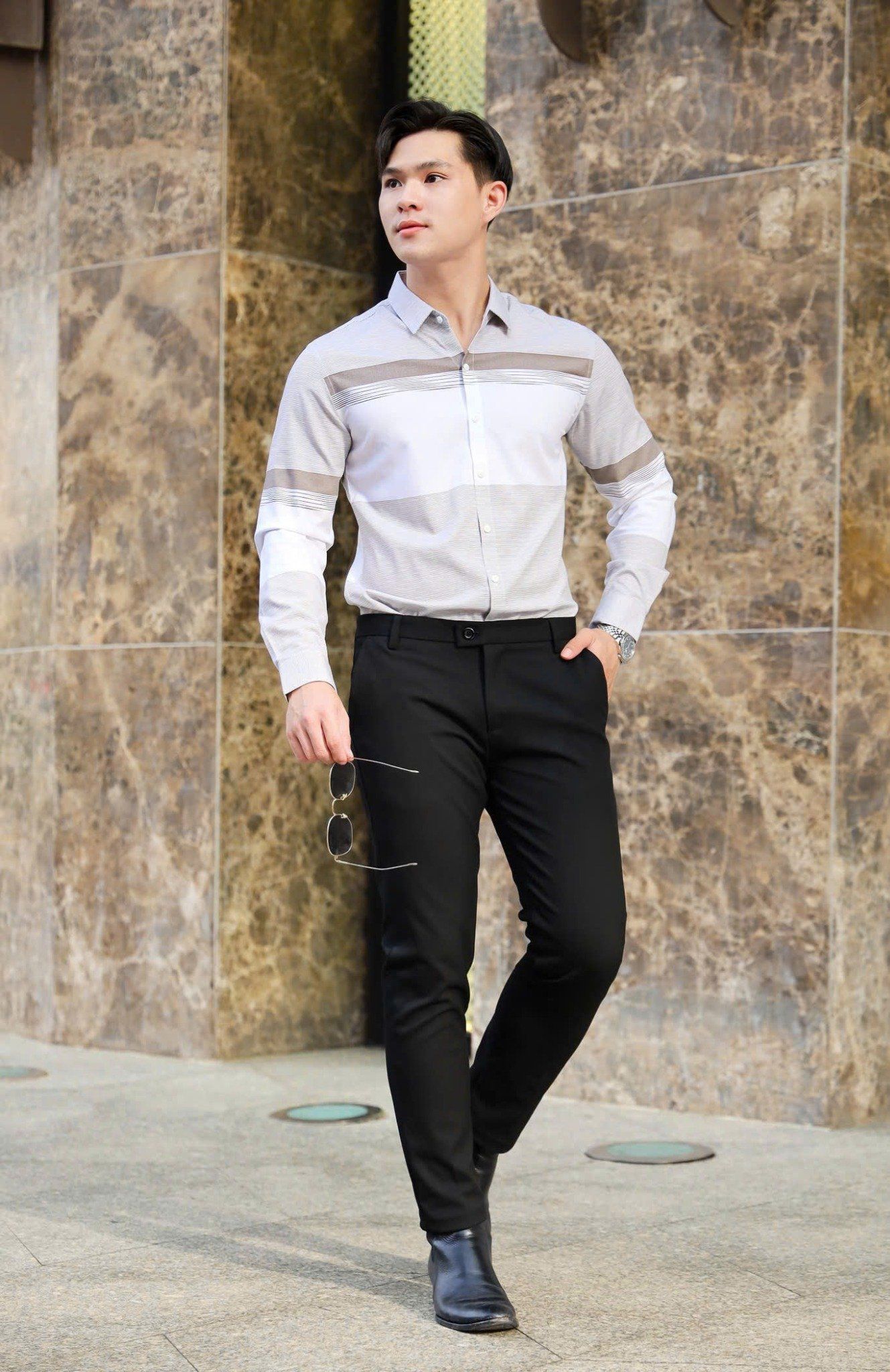 ÁO SƠ MI NAM TAY DÀI SỌC NGANG XÁM T003697