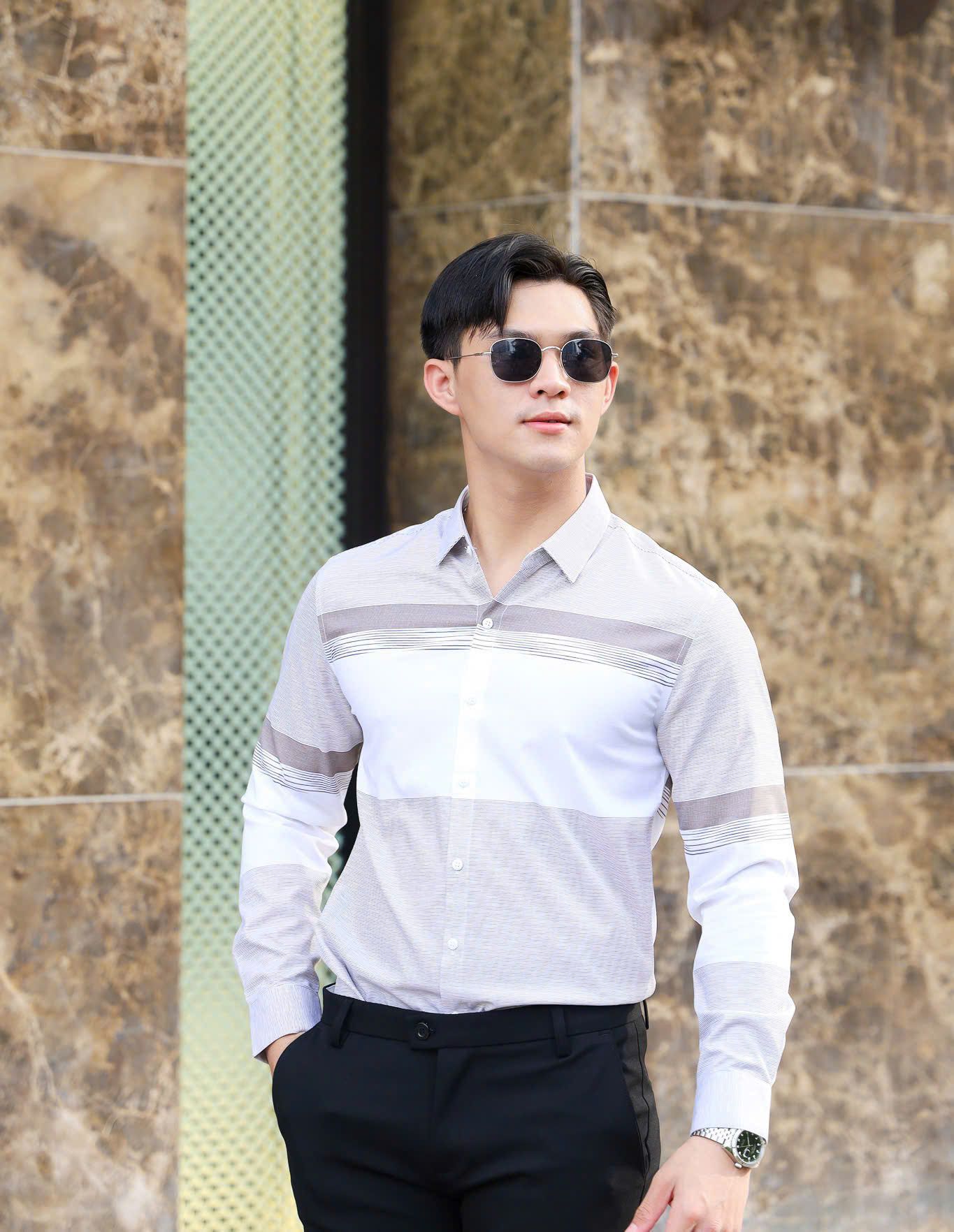 ÁO SƠ MI NAM TAY DÀI SỌC NGANG XÁM T003697