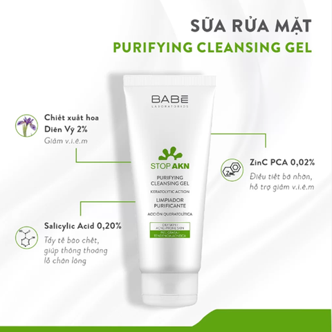 Sữa Rửa Mặt Babe Stop Akn Purifying Cleansing 200ml, làm sạch sâu và điều tiết dầu thừa cho da