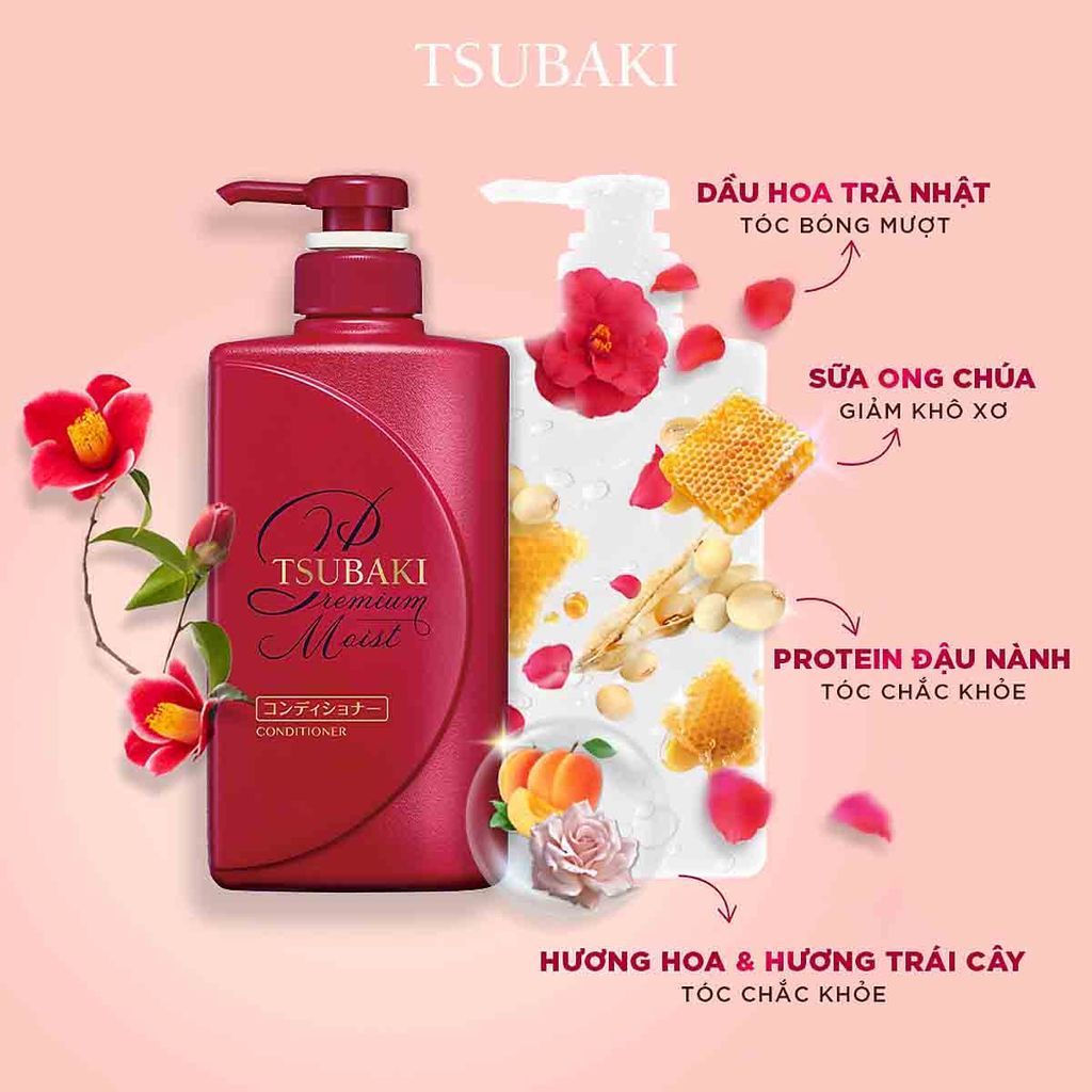 Dầu Gội và Dầu Xả Tsubaki Premium Moist Dưỡng Tóc Bóng, Mượt  490ml (Đỏ)