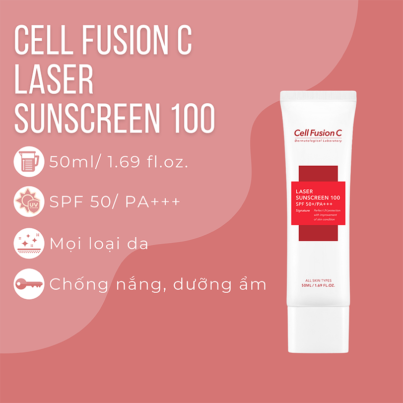 Kem Chống Nắng Cell Fusion C 50ml Laser Sunscreen 100 Spf50 Đỏ, Dành cho da nhạy cảm